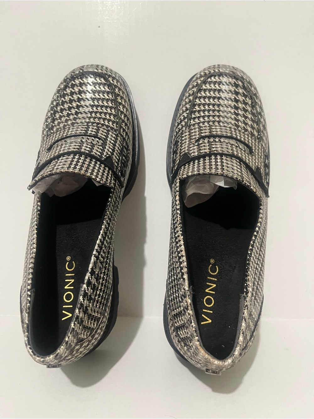 Vionic Women's Houndstooth Slip-On Loafers in Black and White